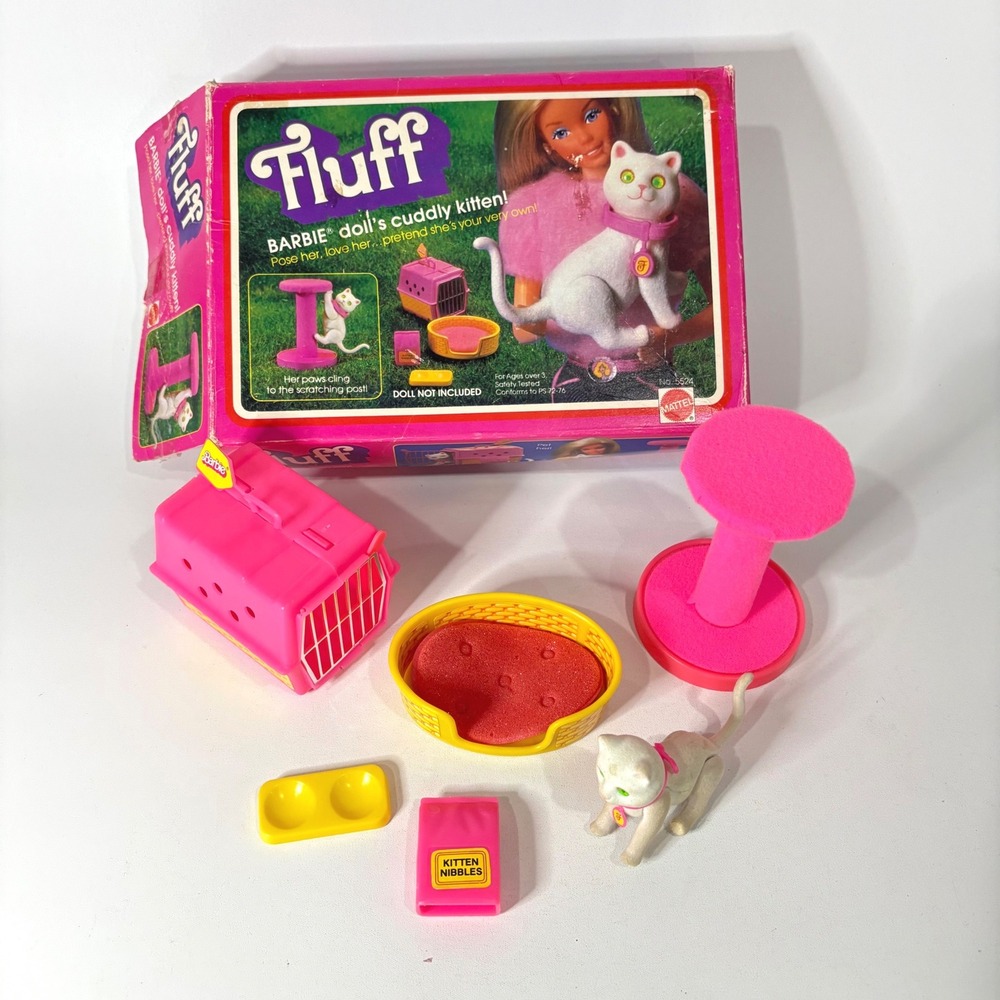 Vintage 1982 Mattel Barbie Fluff Cuddly Kitten Pet Set 5524 with Box Accessories